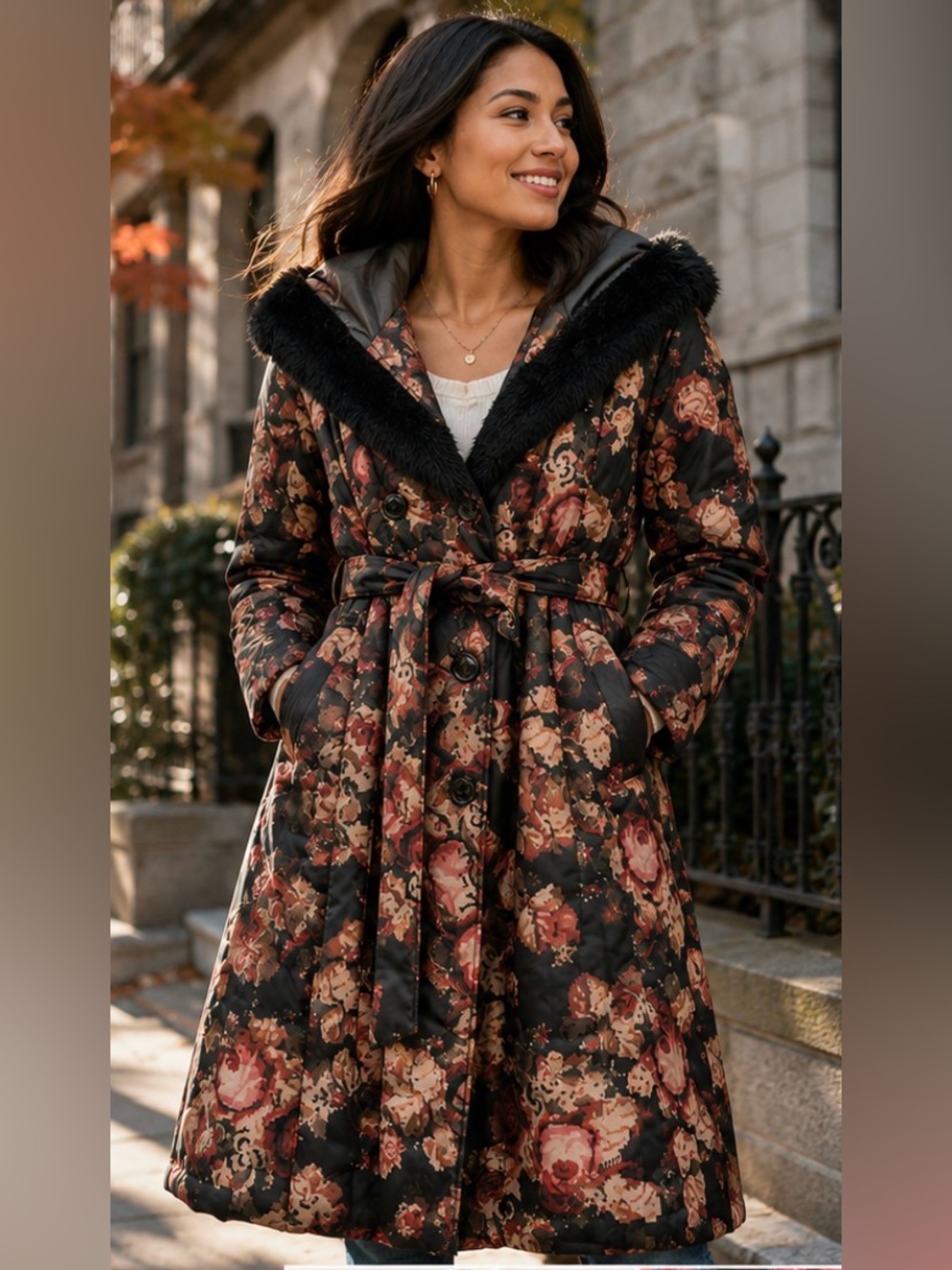Susong Floral Long Puffer Coat Faux Fur Hood Belted Women’s M